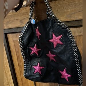 Stella McCartney Falabella Embossed Star Black Pink Star Leather Vegan Mini Tote